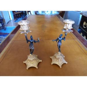 Pair Of Bronze Candlesticks With 2 Patinas From The Charles X Period